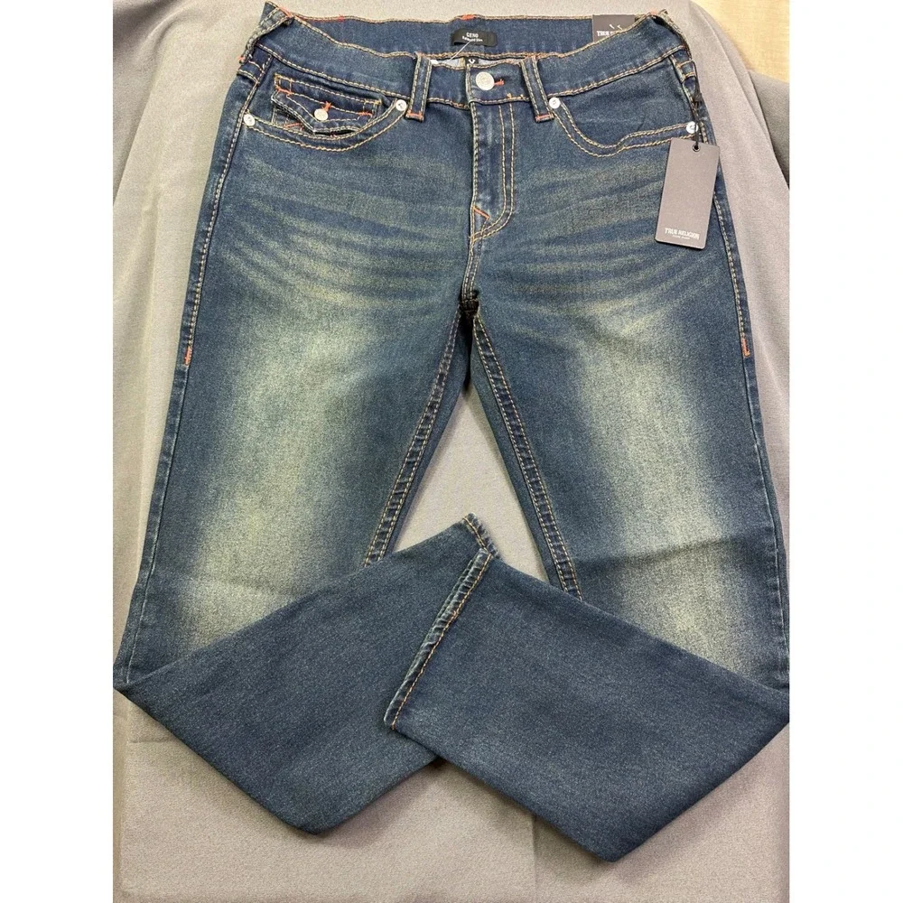 True‎ Religion Men Sz 34x32 Geno SN Flap Relaxed Slim Jeans Blue Denim Orange